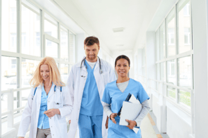healthcare workers walking in the hall