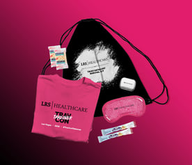 Hot pink background: TravConTakeover Survival Kit items, included T-shirt, fanny pack, drawstring bag, Pedialyte, mints, Saltine crackers and a gel eye mask