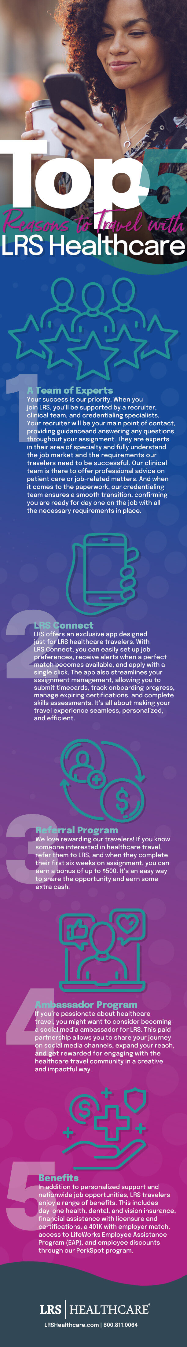 infographic about the perks of becoming a Healthcare Traveler with LRS Healthcare